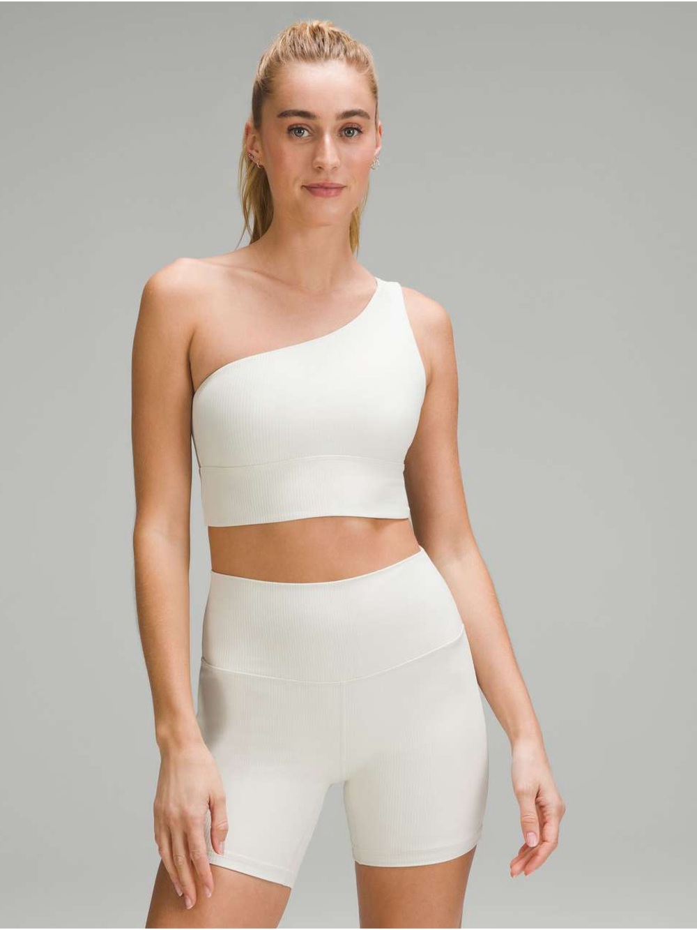 One-Shoulder Ribbed Crop Top and High-Waist Bike Shorts Set - White